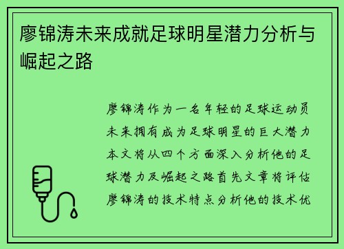 廖锦涛未来成就足球明星潜力分析与崛起之路
