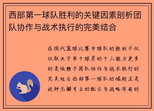 西部第一球队胜利的关键因素剖析团队协作与战术执行的完美结合