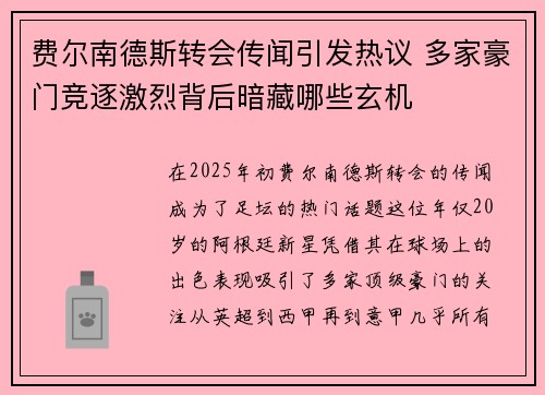 费尔南德斯转会传闻引发热议 多家豪门竞逐激烈背后暗藏哪些玄机