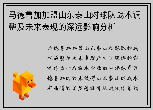 马德鲁加加盟山东泰山对球队战术调整及未来表现的深远影响分析