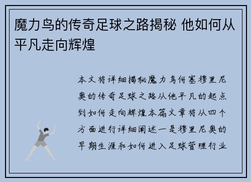 魔力鸟的传奇足球之路揭秘 他如何从平凡走向辉煌 魔力鸟的传奇足球之路揭秘 他如何从平凡走向辉煌